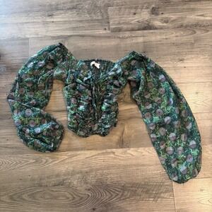 BCBGeneration Green Abstract Ruched Smocked Balloon Sleeve Crop Top Large Fairy